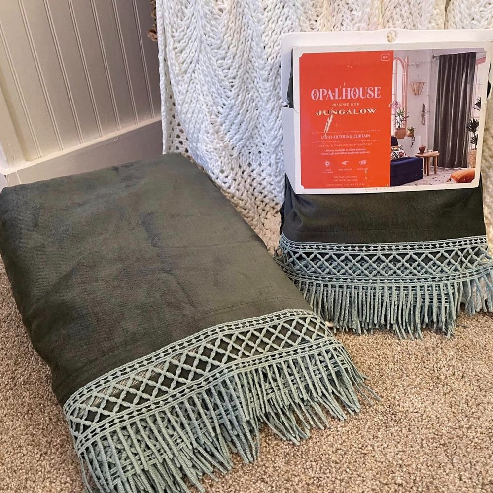2 pc Light Filtering Velvet Macrame Trim Window Curtain Panel - Opalhouse™design